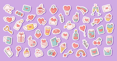 Vector Set of valentines stickers. St valentines day stickers collection on blue background. Be my valentine, love, hearts. Printable template	
