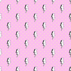 Lightning bolt strike on pink polka dot background. Pink seamless pattern vector.