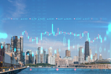 Fototapeta premium City view, downtown skyscrapers, Chicago skyline panorama, Lake Michigan, harbor area, daytime, Illinois, USA. Forex graph hologram. The concept of internet trading, brokerage and fundamental analysis