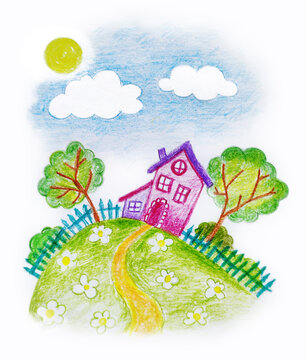 Rural landscape with a house. Illustration in the style of a children's drawing.