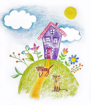 Rural landscape with houses, flowers, a cat and a dog. Illustration in the style of a children's drawing.