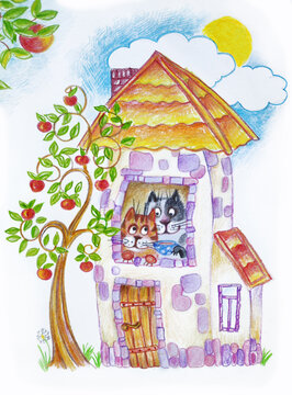 Rural landscape with a house and an apple tree. A cat and a dog look out of the window of a Ukrainian-style house into the yard. Children's drawing, illustration.