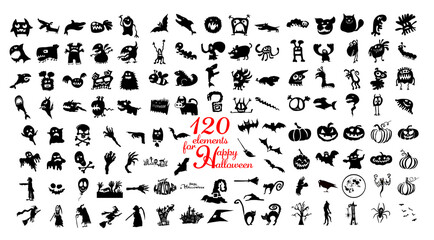 Set of silhouettes of Halloween on a white background. Happy Halloween. Vector illustration