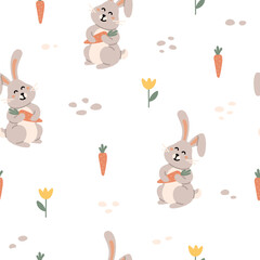 Cute cartoon rabbits with carrot, seamless pattern. Spring, easter. Creative kids scandinavian style texture with bunnies, carrot, flowers for fabric, wrapping, textile, wallpaper, apparel. Vector 