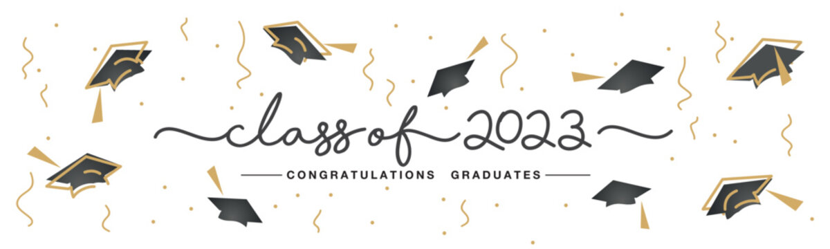 Class of 2023 handwritten typography lettering text. Hand drawn design with confetti and flying graduates caps Congratulations graduates. Golden and black line design with white background
