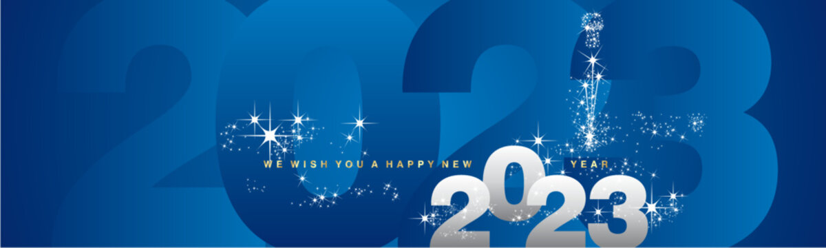 We wish you a Happy New Year 2023. Sparkle firework over 2023 numbers in background. Silver white blue greeting card