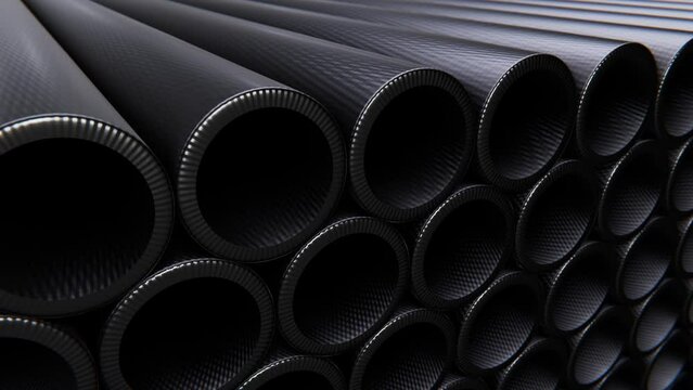Tracking DOF camera looping 3D animation of the carbon fiber composite pipes stacked at warehouse rendered in UHD