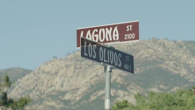Street signs for Laguna St and Los Olivos St in Santa Barbara, California with mountain backdrop
