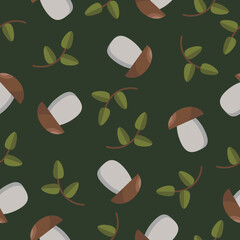 forest vector mushrooms on green background seamless pattern