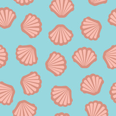 marine vector seashells on blue background seamless pattern