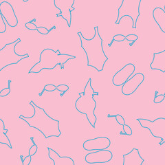 summer vector beach items on pink background seamless pattern