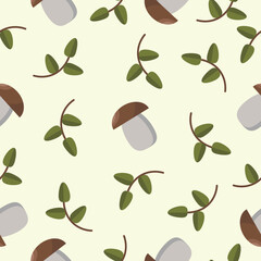 vector mushrooms with twigs seamless pattern