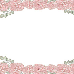 Peony pink watercolor flowers border. Hand drawn aquarelle cute pink floral frame decoration, isolated on transparent background. Design for wedding invitations, cards, spring.