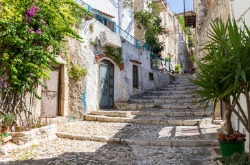 Fototapeta na wymiar Ancient alley of an Italian town with a stone staircase and stone houses. Narrow streets of Peschici.