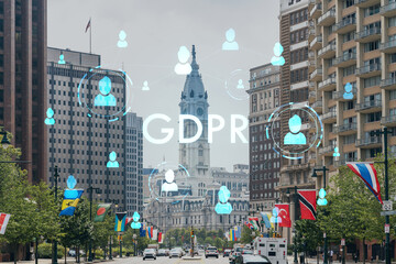 Summer day time cityscape of Philadelphia financial downtown, Pennsylvania, USA. City Hall neighborhood. GDPR hologram, concept of data protection regulation and privacy for all individuals in EU Area