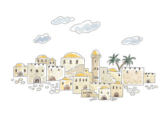 Hand drawing Jerusalem old city wall. Israel