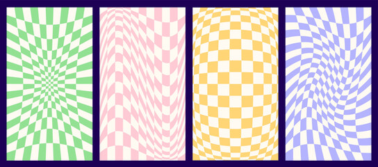 Abstract retro aesthetic backgrounds set with groovy hippie patterns. Twisted, distorted, checkerboard, chessboard, mesh, waves texture. Trendy retro psychedelic style. Stories templates collection