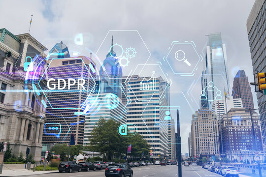 Summer day time cityscape of Philadelphia financial downtown, Pennsylvania, USA. City Hall neighborhood. GDPR hologram, concept of data protection regulation and privacy for all individuals in EU Area