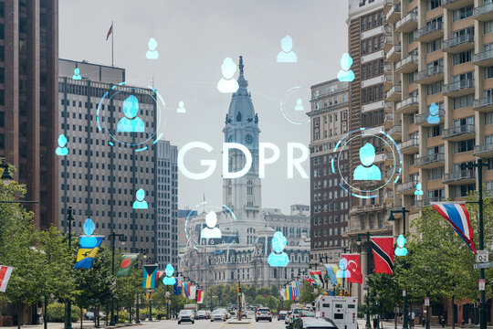 Summer day time cityscape of Philadelphia financial downtown, Pennsylvania, USA. City Hall neighborhood. GDPR hologram, concept of data protection regulation and privacy for all individuals in EU Area