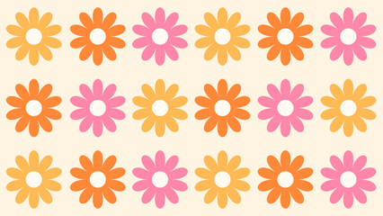 Groovy floral background. Daisy flowers. Hippie funky 70s style. Romantic cute retro illustration. Trendy girly preppy design. Summer bright aesthetic.