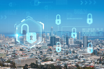 Panoramic view of San Francisco skyline at daytime from hill side. Financial District, residential neighborhoods. The concept of cyber security to protect confidential information, padlock hologram