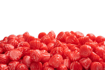 Red round tasty gummy candies islolated on a white background.