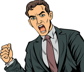 The young businessman was excited and surprised. He opened his eyes wide and shouted loudly.hand drawn style design illustration transparent background.