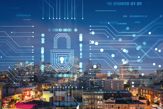 Roof top panoramic city view of San Francisco at night time, midtown skyline, California, United States. The concept of cyber security to protect confidential information, padlock hologram