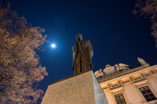 Tomas Garrigue Masaryk Statue In Front Of The Masaryk University In Brno At Night With The Moon At The Sky