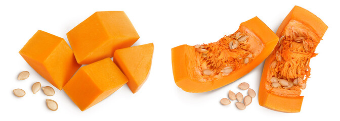 butternut squash slice isolated on white background with full depth of field. Top view. Flat lay
