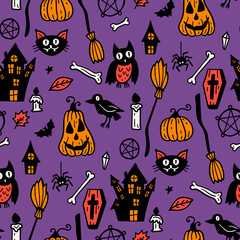 Fototapeta na wymiar Seamless vector pattern, magic hand drawn doodle. Magic haunted house, pumpkin, cat, bat, cobweb. Mystical holiday pattern.
