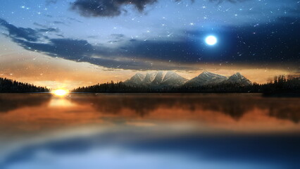 orange sunset ,sun down and  night  starry sky with blue moon sky reflection on sea water wave and on horizon mountains  and forest nature landscape