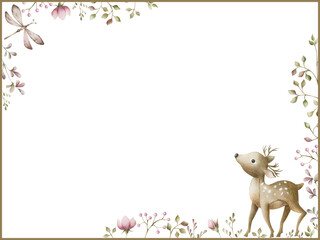 Rectangle watercolor frame of flowers, dragonfly and small deer. Hand-painted horizontal frame with flowers, blades of grass and small deer for postcard, invitation. Hand drawn watercolor ornament.