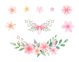 Floral arrangement with pink flowers..Watercolor hand painted illustrations isolated on white background .