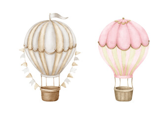 Pink, brown hot air balloons..Watercolor illustration isolated on white background.