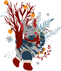 Background with a cute zebra in a scarf holding garlands and a tree with Christmas toys, decorative leaves, berries. Magic winter animal. Ideal for greeting cards, posters, leaflets, banners. Vector.