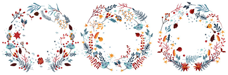 Obraz na płótnie Canvas Christmas wreaths with red berries, colorful leaves, pine branches, winter flowers and other. Magical winter wreaths. Perfect for greeting cards, posters, banners.Vector.