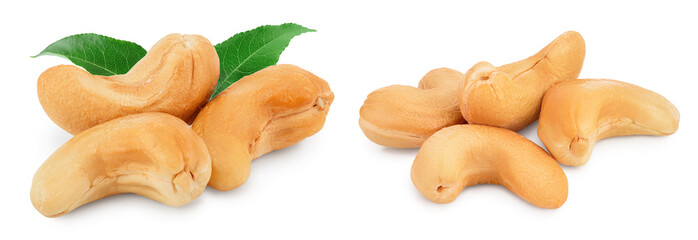 Roasted Cashew nuts with leaf isolated on white background with full depth of field.