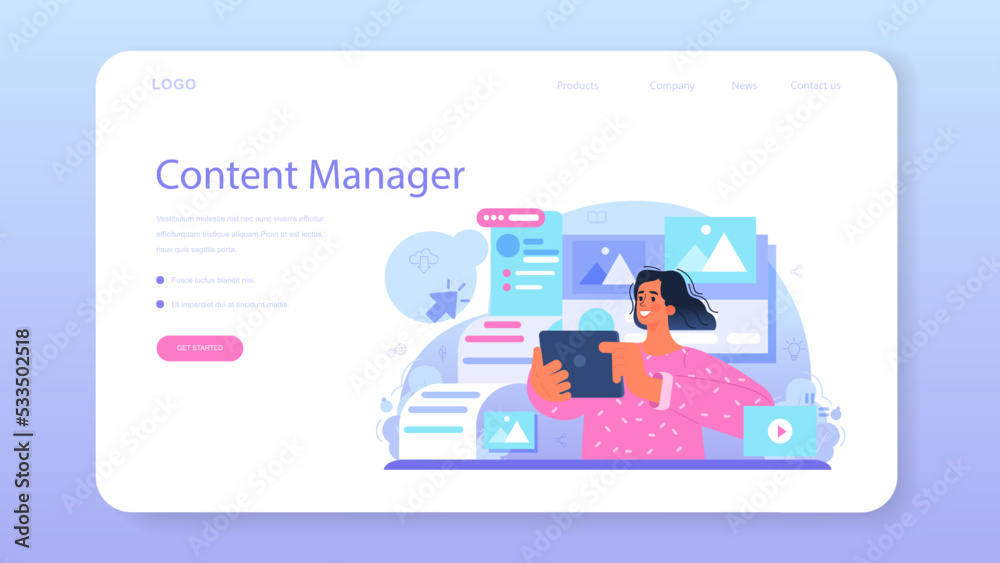 Poster content manager web banner or landing page. idea of digital strategy