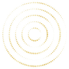 Concentric golden dotted circles. Gold outlined whimsical ring shapes. Isolated png illustration, transparent background. Asset for overlay, montage, collage, card.