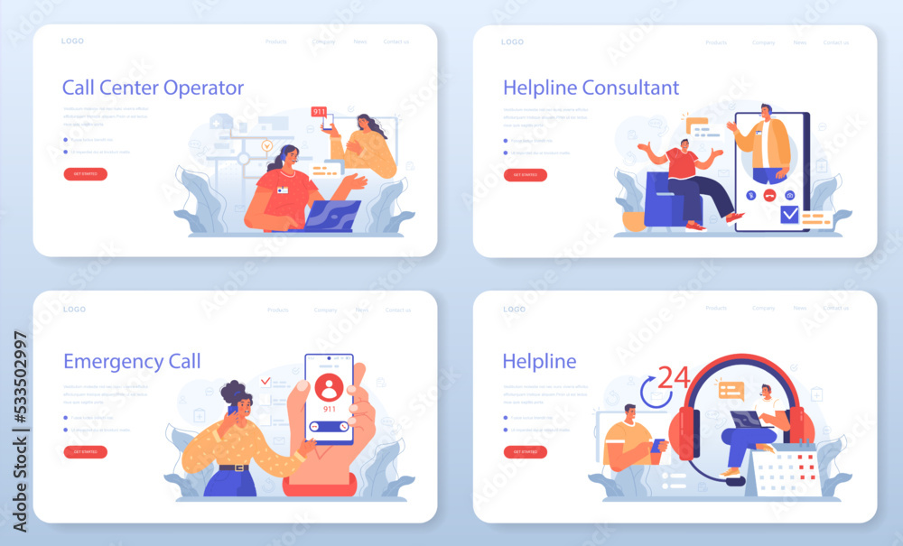 Wall mural call center or helpline web banner or landing page set. support operator