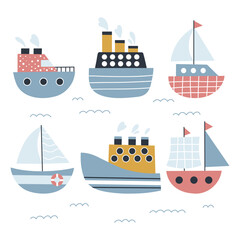 Hand drawn abstract ships, yachts and sailboats. Colored flat transportations. Cute childish background. Marine vector illustration.