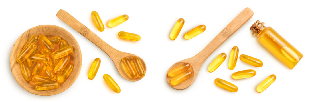 Fish Oil Capsules In Wooden Bowl Isolated On White Background With Full Depth Of Field. Top View. Flat Lay