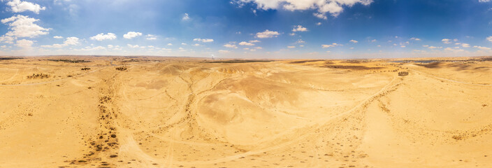 360 degrees panorama from the sky to the solar power station Ashalim at morning