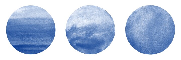 Dark blue, navy watercolor circles set. Round watercolour backgrounds with gradient stains, artistic edge. Graphic design elements, water, sea templates, text frames. Hand drawn textures collection.