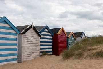 Fototapeta na wymiar Denes Beach Huts, Southwold, Suffolk