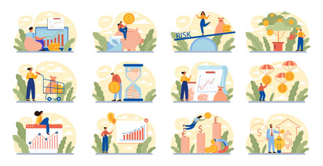 Investment concept set. Investing strategy, idea of financial support