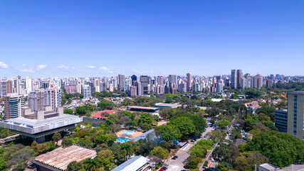 Naklejka premium Aerial view of the city of São Paulo, Brazil. In the neighborhood of Vila Clementino, Jabaquara, south side. Aerial drone photo. Avenida 23 de Maio in the background