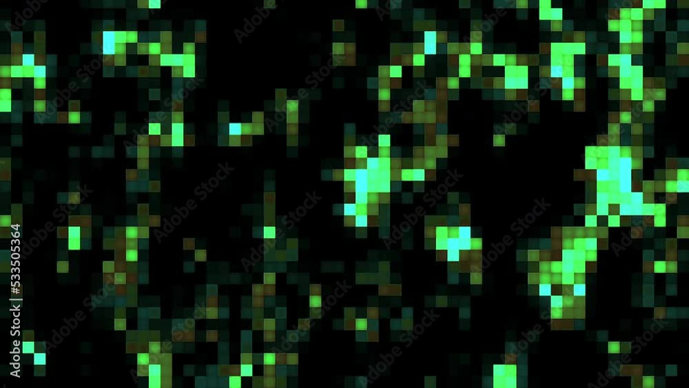 Poster shimmering pixel pattern moves on black background. motion. bright flickering pixels move in stream.