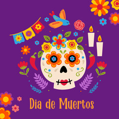 Sugar skull decorated with flowers , Day of the dead